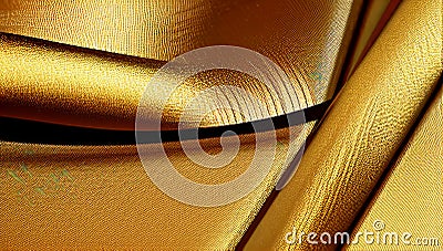 The golden satin fabric with sequins is beautifully folded. The gold bedspread with folds glitters and shimmers. Generated AI. Stock Photo