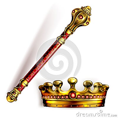 Golden scepter and crown for king or queen vector Vector Illustration