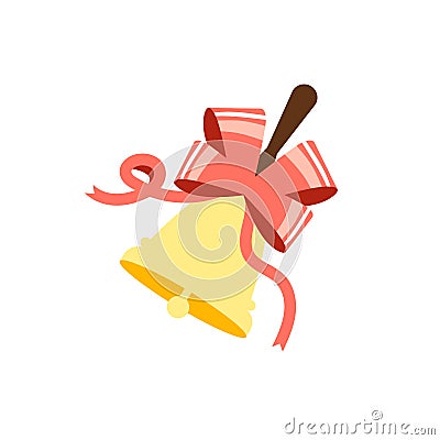Golden school bell with red ribbon icon Vector Illustration
