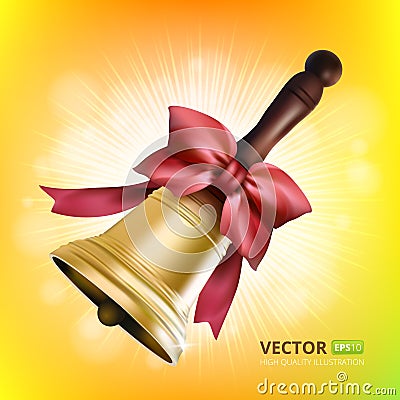 Golden school metal bell with red bow and wooden handle on colorful background Vector Illustration