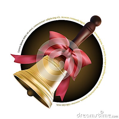 Golden school metal bell with red bow and wooden handle isolated on white background Vector Illustration