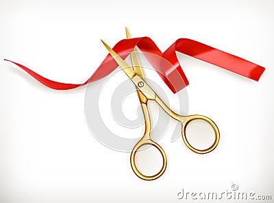 Golden scissors cut the red ribbon Vector Illustration