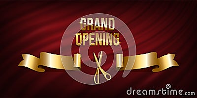 Golden scissors cut ribbon realistic illustration. Grand opening ceremony symbols, 3d accessories on red curtain Vector Illustration