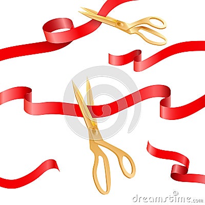 Golden scissors cutting ceremony silk ribbons vector elements for opening event concept Vector Illustration