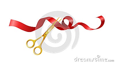 Golden scissors cutting red ribbon vector icon Vector Illustration