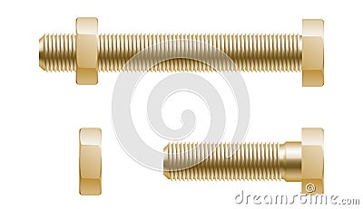 Golden screws, bolts, nuts, nails and rivets for fastening. Side view of industrial hardware Vector Illustration