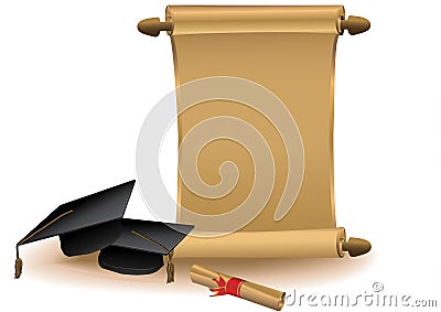 Golden scroll with mortar boards and diploma Vector Illustration
