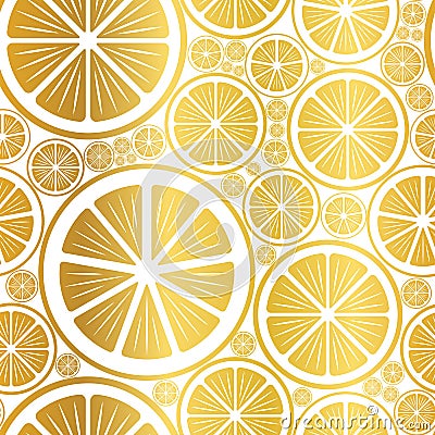 Golden seamless background with orange and lemon slices Vector Illustration