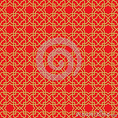 Golden seamless Chinese window tracery lattice geometry star cross pattern background. Vector Illustration