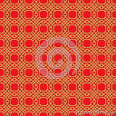 Golden seamless Chinese window tracery lattice polygon round pattern background. Vector Illustration