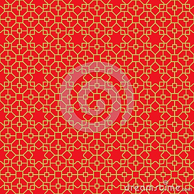 Golden seamless Chinese window tracery polygon star pattern background. Vector Illustration