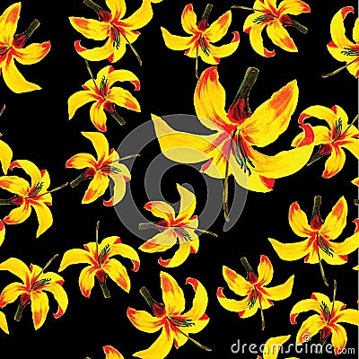 Golden Seamless Palm. Black Pattern Hibiscus. Yellow Tropical Design. Beige Flower Background. Floral Design. Wallpaper Nature. Stock Photo