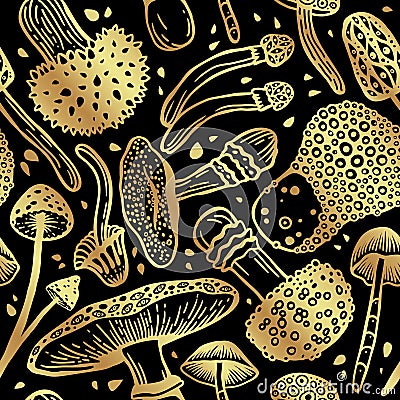 Golden seamless vector pattern of psilocybin mushrooms. Beautiful wallpaper of hallucinogenic mushrooms in golden colors Vector Illustration