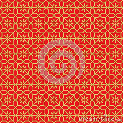 Golden seamless vintage Chinese window tracery octagonal star flower pattern background. Vector Illustration