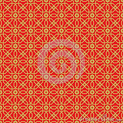 Golden seamless vintage Chinese window tracery polygon star flower pattern background. Vector Illustration