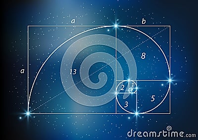 Golden section ratio, divine proportion and golden spiral on starry sky, vector transparent Vector Illustration