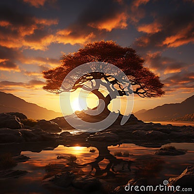 Golden sentinel Sun kissed tree silhouette stands amidst radiant sunbeam backdrop Stock Photo
