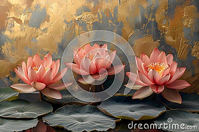 Golden Serenity: Lotus Blossoms in Bloom. Concept Nature Photography, Floral Close-ups, Tranquil Stock Photo