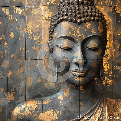 Golden Serenity: Smiling Buddha Patch Painting Stock Photo