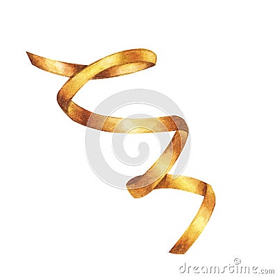 Golden serpentine streamers. Hand drawn watercolor illustration. Isolated on white background. For postcards Cartoon Illustration