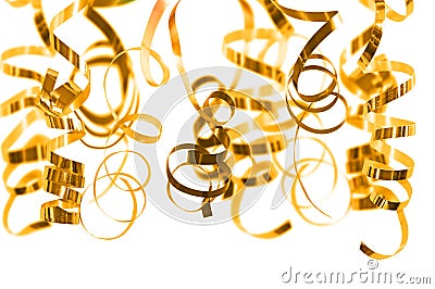 Golden serpentine streamers hanging on white Stock Photo