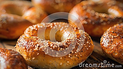 Golden Sesame Seeded Bagels On Hardwood Surface Stock Photo