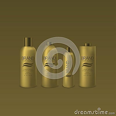 Golden shampoo and foam bottles Vector Illustration