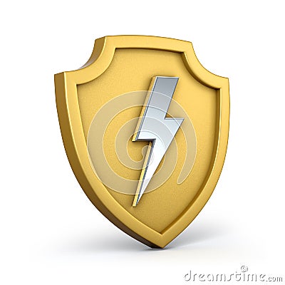 Golden shield with silver thunderbolt on white background. Golden shield with lightning right view. Stock Photo