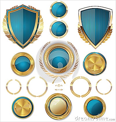 Golden Shields, labels and laurels, blue edition Cartoon Illustration