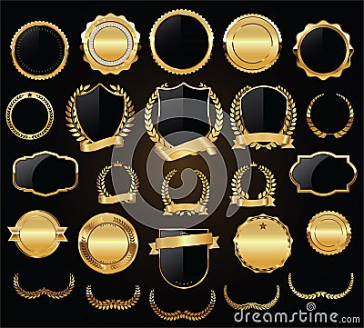 Golden shields laurel wreaths and badges vector collection Vector Illustration