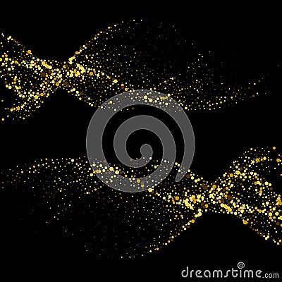 Golden shimmering waves with light effect isolated on black background. Glittering star dust trail. Abstract motion Vector Illustration