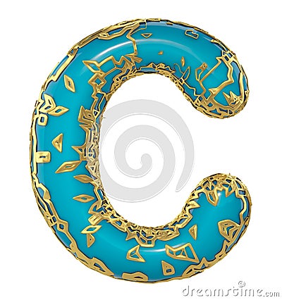 Golden shining metallic 3D with blue paint symbol capital letter C - uppercase isolated on white. 3d Stock Photo