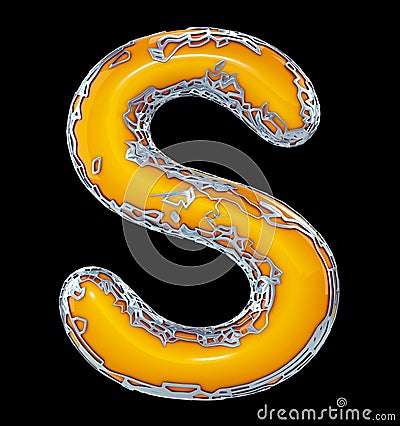 Golden shining metallic 3D with yellow paint symbol capital letter S - uppercase isolated on black. 3d Stock Photo