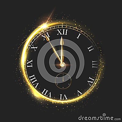 Golden shiny clock vector illustration. Luxury sparkling round dial isolated on black background. Arrow showing five Vector Illustration