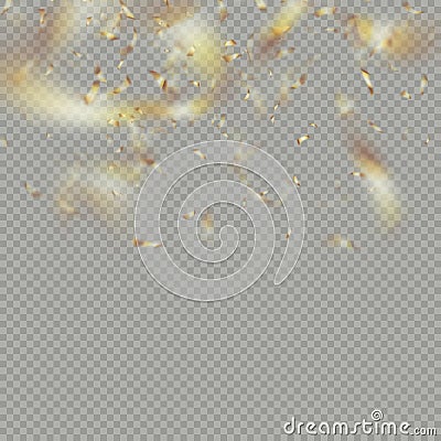 Golden shiny confetti flying on transparent background. Christmas, party banner effect layer. Holiday decorative tinsel Vector Illustration