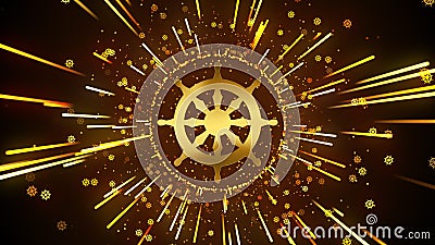 Golden Shiny Dharmacakra Or Dharma Wheel Buddhism Symbol Light Streaks Burst With Glitter Sparkle Particles Stock Photo