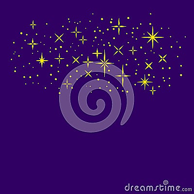 Golden shiny magical cartoon stars on dark purple sky, childish illustration, vector Vector Illustration