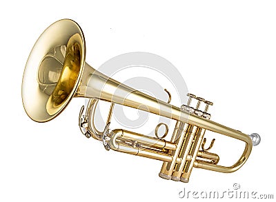 Golden shiny new metallic brass trumpet music instrument isolated white background. musical equipment entertainment orchestra band Stock Photo