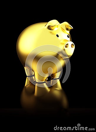 Golden shiny piggy bank on black reflective background Stock Photo