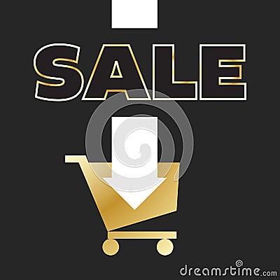 Golden shopping cart with discount and arrow premium invitation to buy Vector Illustration