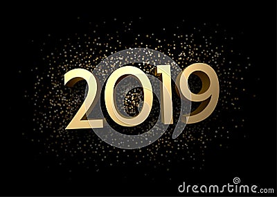 Golden 2019 sign on black background. Vector Illustration