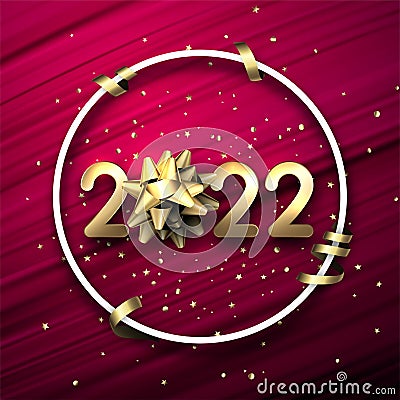 Golden 2022 sign with bow in round frame Vector Illustration