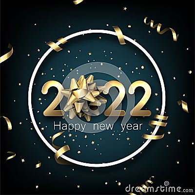 Golden 2022 sign with bow in round frame Vector Illustration