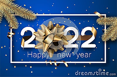 Golden 2022 sign with bow in square frame with confetti Vector Illustration