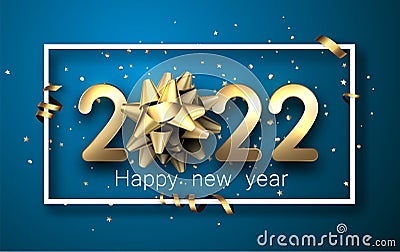 Golden 2022 sign with bow in square frame with confetti Vector Illustration