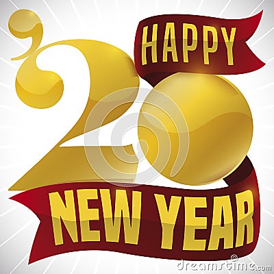 Golden Sign and Greeting Ribbons to Celebrate New Year 2020, Vector Illustration Vector Illustration