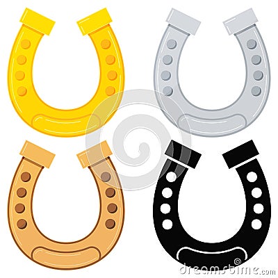 Golden, silver, bronze, black horseshoe icon vector set for good luck isolated on white background. Vector Illustration