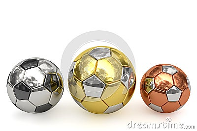 Golden, silver and bronze soccer balls on white Stock Photo