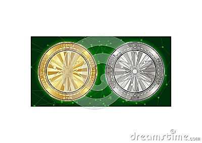 Golden and silver Cosmos ATOM cryptocurrency coins on blockchain background Vector Illustration