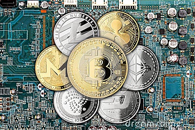 Crypto currency golden silver coin mining computer background Editorial Stock Photo